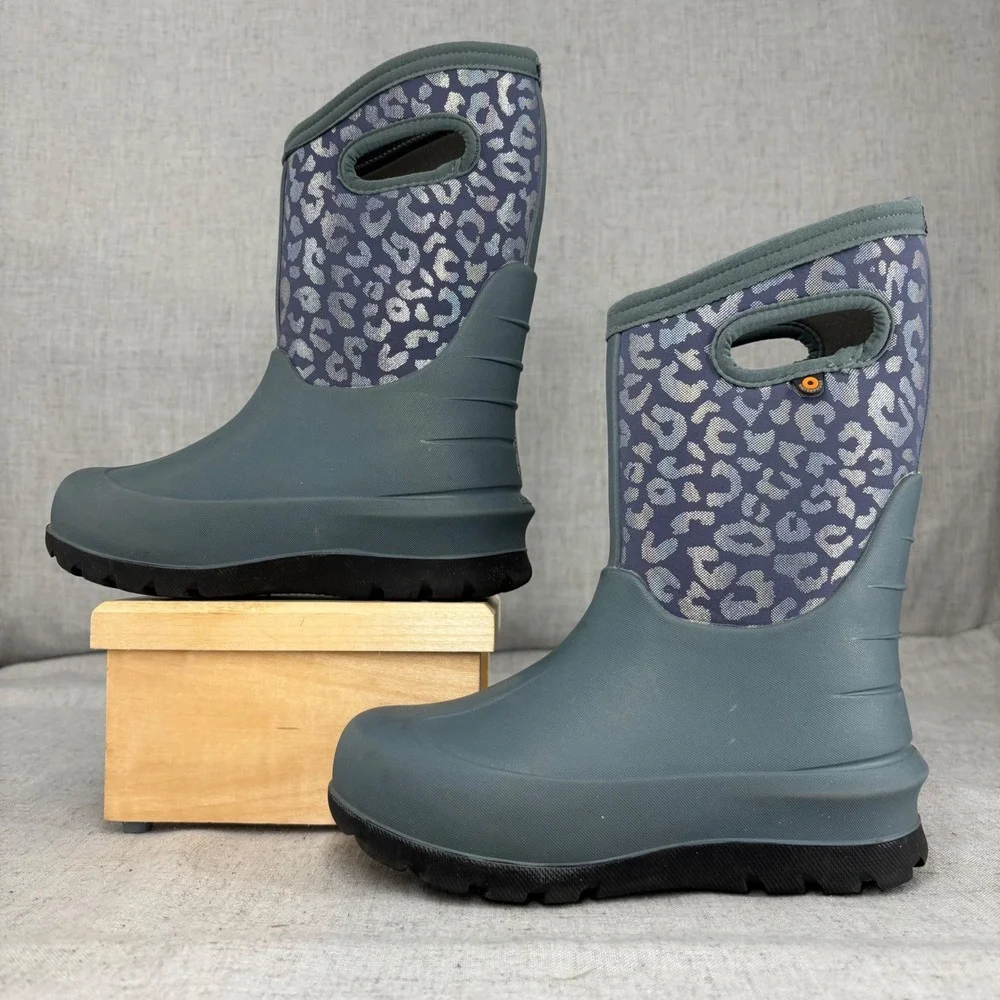 Bogs Neo Classic Gray Silver Metallic Leopard Waterproof Insulated Rain Boots